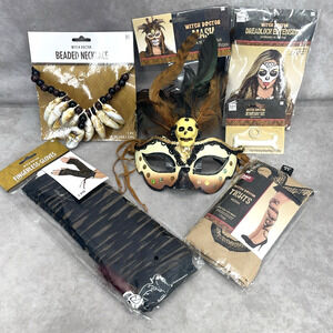 Witch Doctor Costume Accessories Lot Mask Necklace Gloves Tights Dreadlock Ring